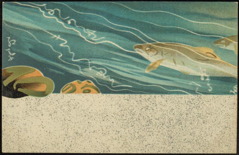 Trout in Stream and Poem by Koyo from the series Postcards of Haikai Poetry (Haikai ehagaki)