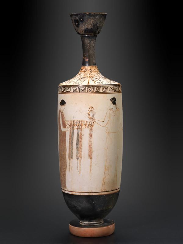 Oil flask (lekythos) with two women carrying funerary gifts