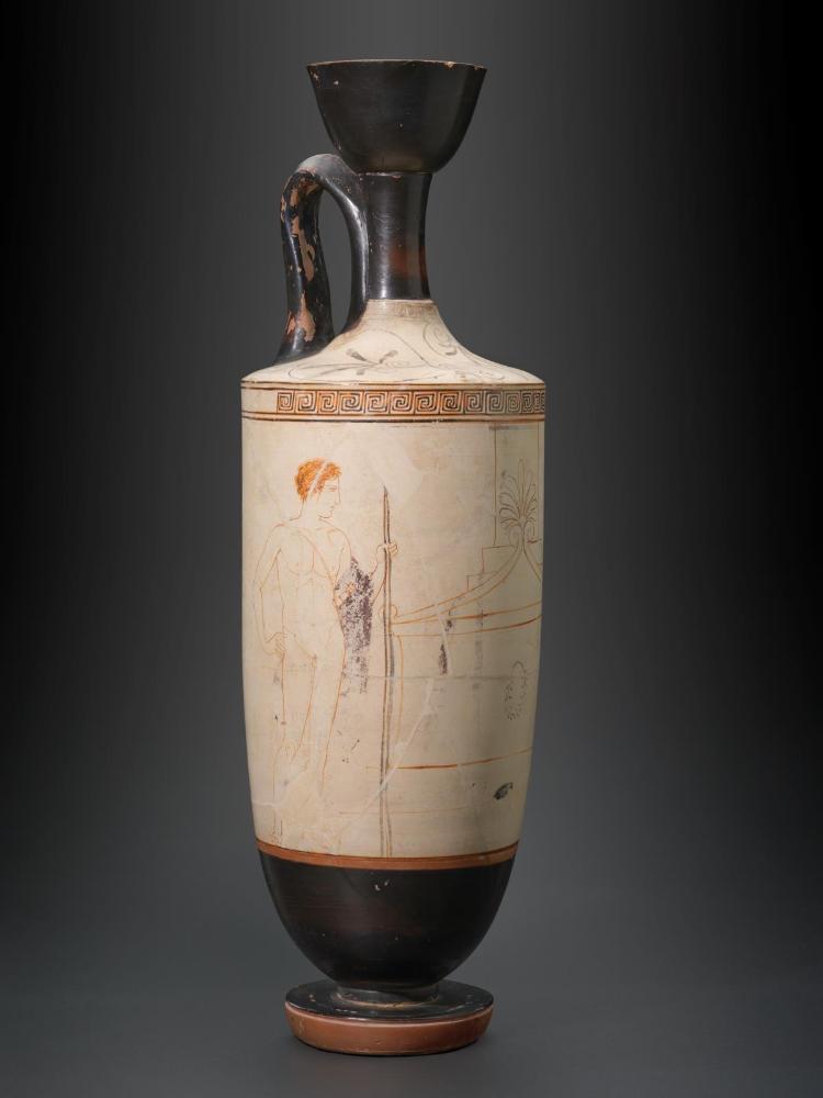 Oil flask (lekythos) with two visitors at a tomb