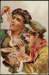 Two boys eating spaghetti.

