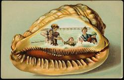 Children playing in the surf with embossed shell border.

