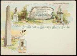 Greetings from Historic Battle Fields 
Bunker Hill Monument, Concord, Minute Man, Battle Bridge & British Monument, Lexington Soldiers Monument.

