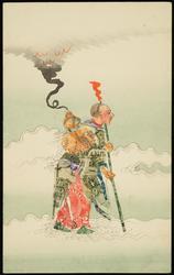 Man with walking stick, robes and pot on his back made from collaged stamps.


