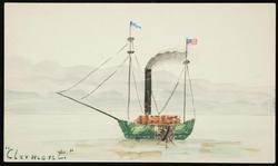 Steam boat made from collaged stamps with mountains beyond. 

