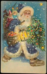 Santa with lantern and toys.

