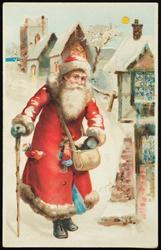 Santa with walking stick and red coat.

