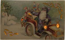 Santa in purple coat driving a car full of toys.

