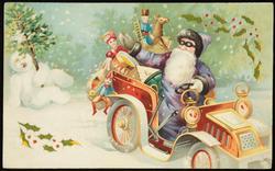 Santa in purple coat driving a car full of toys.

