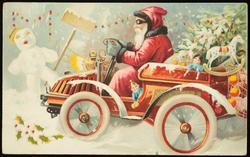 Santa in red coat driving a car full of toys.

