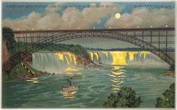 AMERICAN AND HORSESHOE FALLS BELOW SUSPENSION BRIDGE, NIAGARA FALLS, N.Y.

