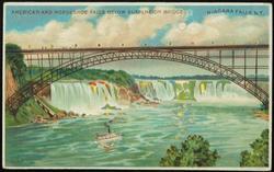 AMERICAN AND HORSESHOE FALLS BELOW SUSPENSION BRIDGE, NIAGARA FALLS, N.Y.

