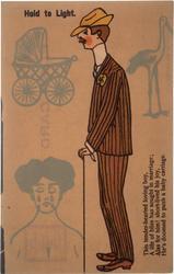 Hold to Light. 
This tender-hearted loving boy,
A life of bliss has sought in marriage;
Alas for him! short-lived his joy,
He's doomed to push a baby carriage.

