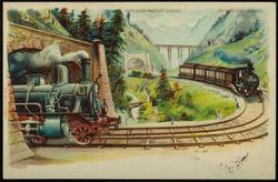 Two trains in the mountains, hold-to-light night scene with moon and headlights.
