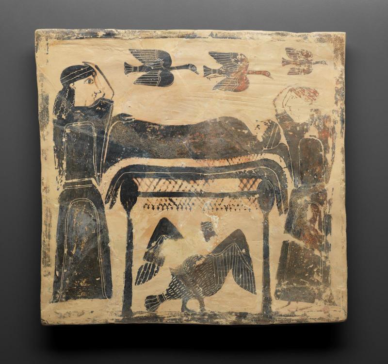 Funerary plaque (pinax) with mourning scene, birds, and siren