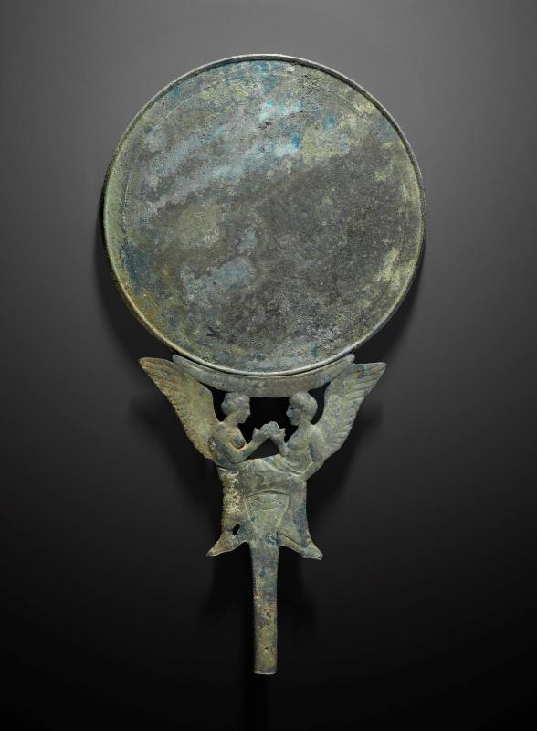 Mirror with handle with winged couple