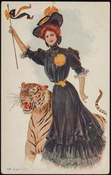 College girl with tiger mascot and blue and yellow flag.