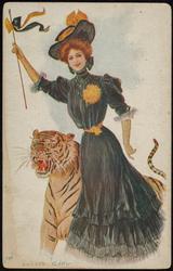 College girl with tiger mascot and blue and yellow flag.