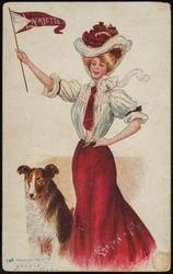 College girl in red and white with dog mascot, waving a red and white pennant, hand drawn with "LAFAYETTE".