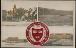 SIGILLUM ACADEMIAE HARVARDIANAE IN NOV ANG. 
HEMENWAY GYMNASIUM - THE STADIUM - VARSITY BOAT HOUSE - PERKINS HALL