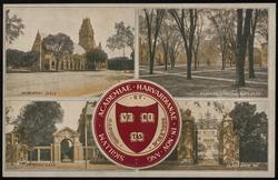 SIGILLUM ACADEMIAE HARVARDIANAE IN NOV ANG. 
MEMORIAL HALL - HARVARD YARD FROM MYER GATE - MCKEAN GATE - CLASS GATE '85