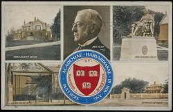 SIGILLUM ACADEMIAE HARVARDIANAE IN NOV ANG. 
PRES. ELIOT'S HOUSE - PRES. ELIOT - JOHN HARVARD STATUE - CLASS GATE 1870 - TERRACE OF 1880