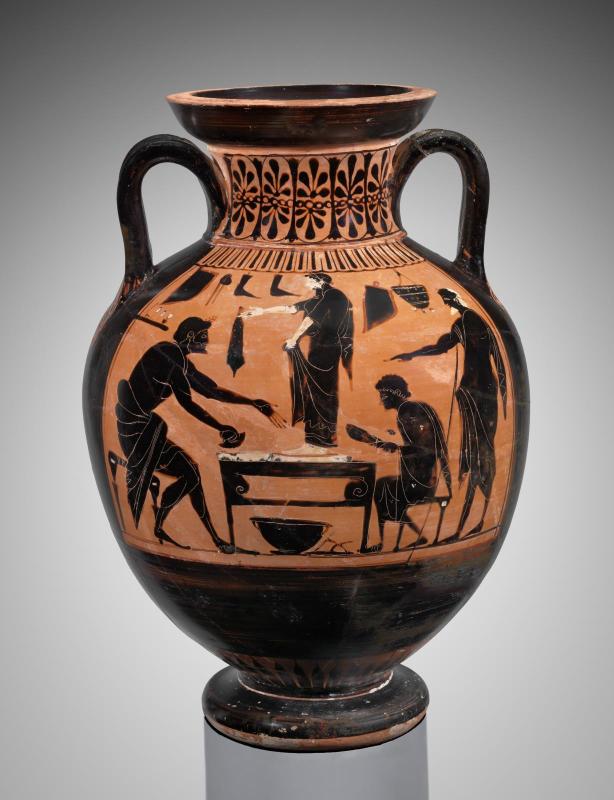 Two-handled jar (amphora) depicting a shoemaker's and blacksmith's shop