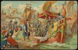 Historical narrative cards, Christopher Columbus, boarding his ship.
