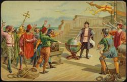 Historical narrative cards, Christopher Columbus, aboard his ship.
