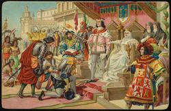 Historical narrative cards, Christopher Columbus, bowing before the King and Queen of Spain.
