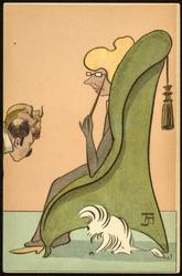 The heads of three men, bowing to a woman in a chair with a white dog.

