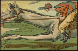 Front end of horse and jockey racing through countryside. [2of4] 

