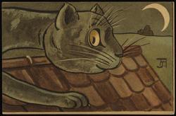 Head of cat on a roof at night. [1of5, 5 is missing from this set.] 

