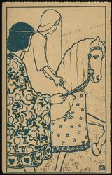 Coloring card for coloring - girl on a horse in a field.

