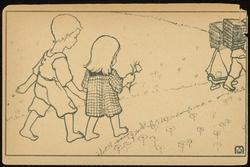 Coloring card for coloring - two children walking barefoot, holding hands.

