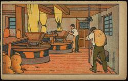 Coloring card - two men filling sacks.

