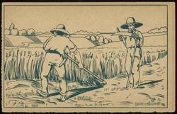 Coloring card for coloring - two men cutting hay.