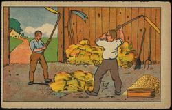 Coloring card - two men threshing grain.

