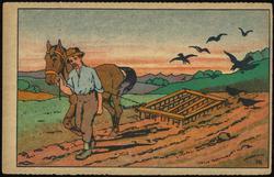 Coloring card - a man and a horse tilling soil.
