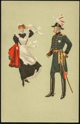 Military man and maid rushing with his cloak.

