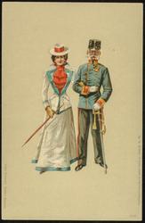 Military man escorting elegant woman.

