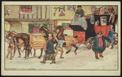 Four-horse drawn coach in town.
