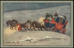 Four-horse drawn coach in the snow.
