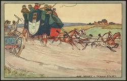 Four-horse drawn coach running fast in the road.
