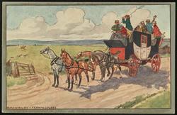 Four-horse drawn coach stopped in the road.
