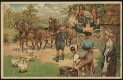 Stagecoach picking up passengers.
