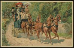 Stagecoach driving down a sunny road.
