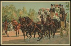 Stagecoach drawn by four black horses.
