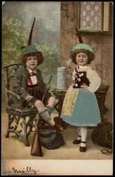 Two children with green silk hats, one with a rifle, the other with a beer stein.
