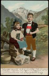 Two children in the countryside, one with blue silk apron, the other with yellow silk knickers.
