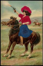 Woman on horseback firing a pistol.
